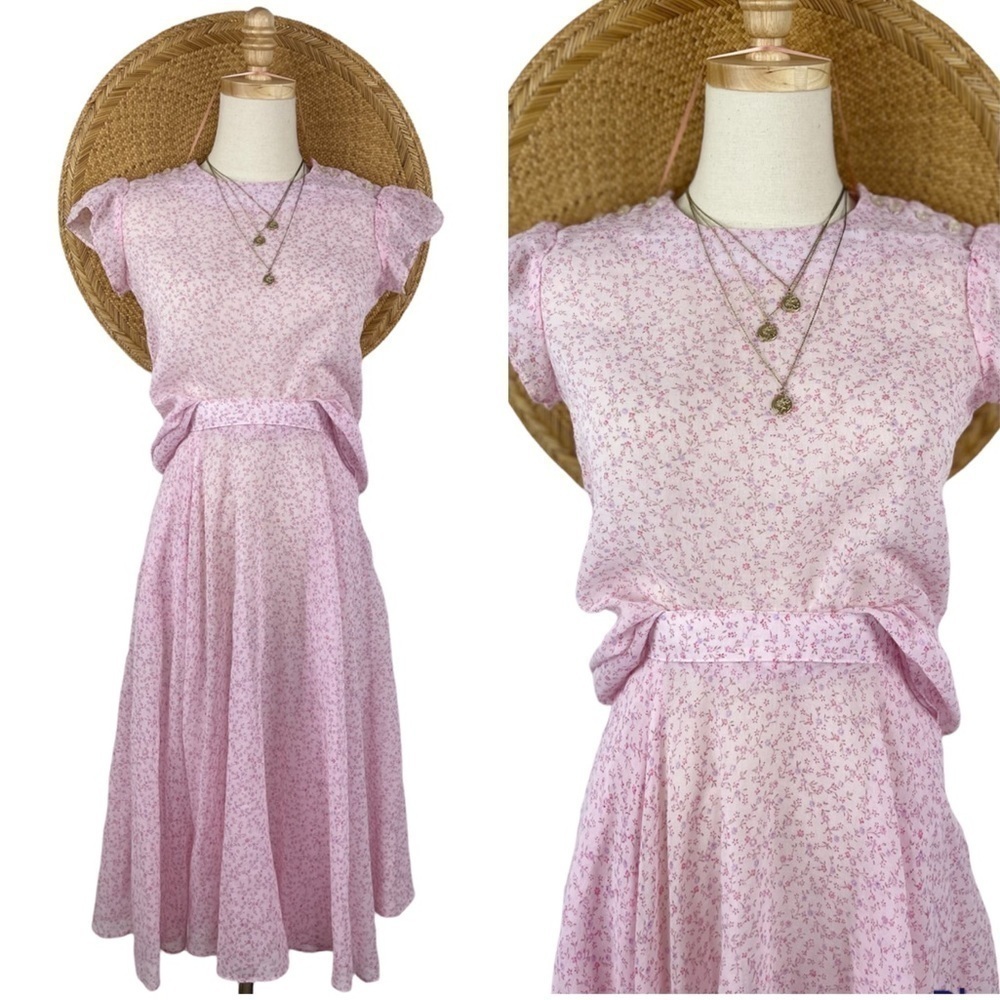 Alicia Vintage Outfit | Midi Skirt & Blouse | Floral Pink Cottagecore